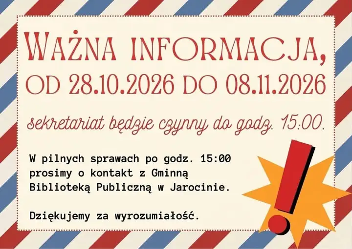 Sekretariat w Jarocinie krócej czynny – sprawdź godziny 28.10–08.11.2026