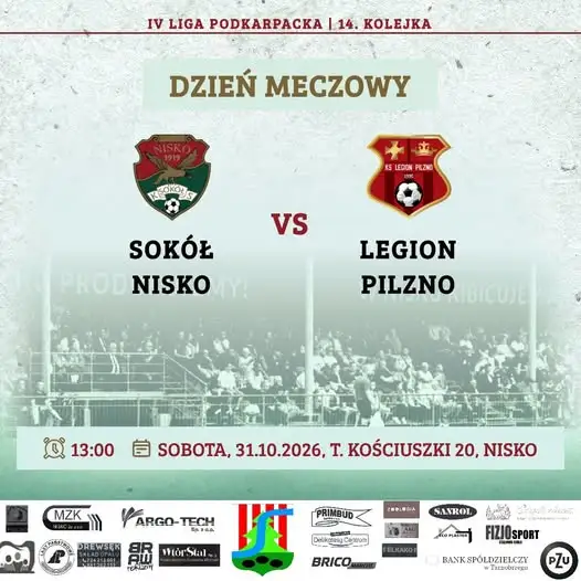 Sokół Nisko podejmie Legion Pilzno w 14. kolejce IV ligi podkarpackiej