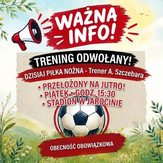 Trening piłki nożnej grupy najstarszej odwołany – nowy termin w piątek na stadionie w Jarocinie